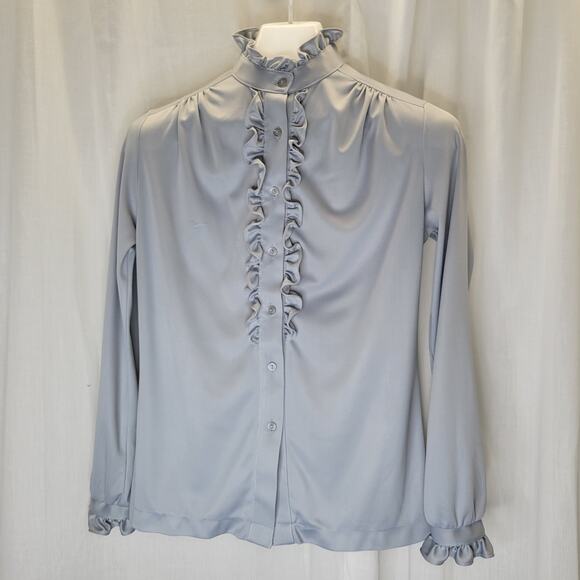 Contemporary Classics Vintage Blue Gray Ruffle Blouse Stand-up Collar, S - Picture 1 of 14